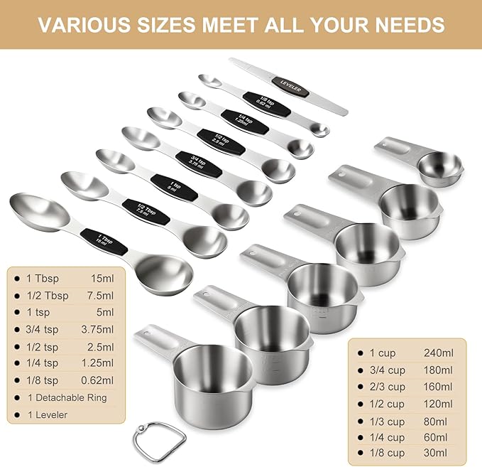 Stainless Steel Measuring Cups & Spoons Set, EWFEN Kitchen Tools Nesting Measuring Cups and Spoons, Fits in Spice Jars for Baking & Cooking, BPA Free, Set of 15 with Leveler, Black - Image 2