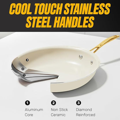 Gotham Steel 15 Pc Ceramic Cookware Set, Ceramic Pots and Pans Set Non Stick with Cooking Utensils and Steamer, Non Toxic PFOA PFOS Free, Premium Gold Stay Cool Handles, Oven & Dishwasher Safe - Image 6