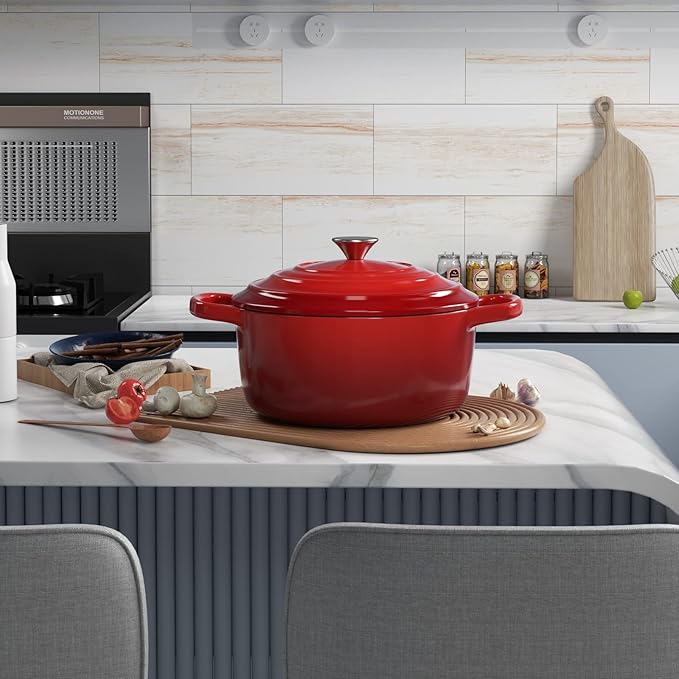 Miereirl 6 Quart Enameled Dutch Oven Pot with Lid, Cast Iron Dutch Oven with Dual Handles for Bread Baking, Cooking, Non-stick Enamel Coated Cookware (Red) - Image 2