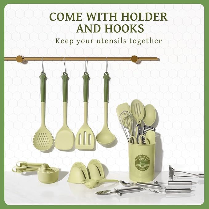 Kikcoin 43Pcs Kitchen Utensils Set - Silicone Cooking Utensil Set, Dishwasher Safe Spatula for Non-stick Cookware, 446°F Heat Resistant Kitchen Gadgets with Holder BPA Free, Avocado Green - Image 7