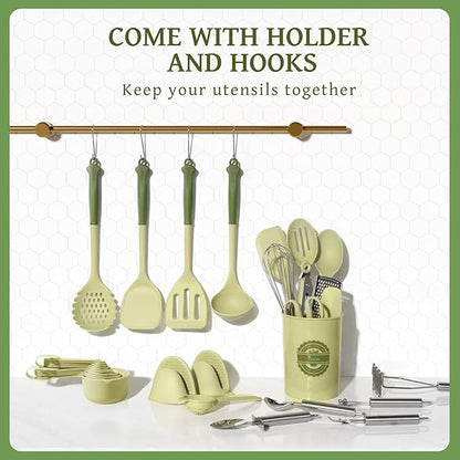 Kikcoin 43Pcs Kitchen Utensils Set - Silicone Cooking Utensil Set, Dishwasher Safe Spatula for Non-stick Cookware, 446°F Heat Resistant Kitchen Gadgets with Holder BPA Free, Avocado Green - Image 7