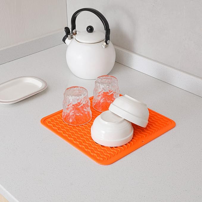 MicoYang Silicone Dish Drying Mat for Multiple Usage,Easy clean,Eco-friendly,Heat-resistant Silicone Mat for Kitchen Counter or Sink,Refrigerator or Drawer liner Orange M 12 inches x 12 inches - Image 5