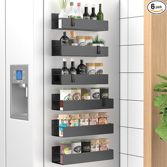 HuggieGems 6 Pack Magnetic Spice Storage Rack Organizer for Refrigerator and Oven, Matt Black Fridge Organizers and Storage by HuggieGems