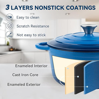 Miereirl 4.5 Quart Enameled Dutch Oven Pot with Lid, Cast Iron Dutch Oven with Dual Handles for Bread Baking, Cooking, Non-stick Enamel Coated Cookware (Dark Blue) - Image 3