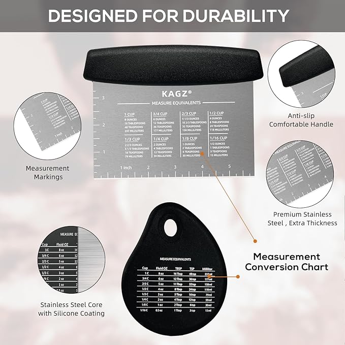 Bench Scraper & Chopper - Multifunctional Dough Scraper with Silicone Bowl Scraper, Sturdy Stainless Steel Dough Cutter for Baking, Pastry Cutter for Bread Pizza Cake with Measuring Scale - Image 6