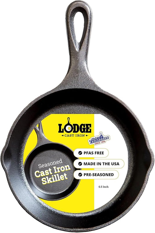 Lodge Seasoned Cast Iron Skillet 6.5 Inches - PFAS-Free, Non-Toxic Cookware - Use with an Oven, Stove, Grill, or Campfire - Naturally Non-Stick & Oven Safe