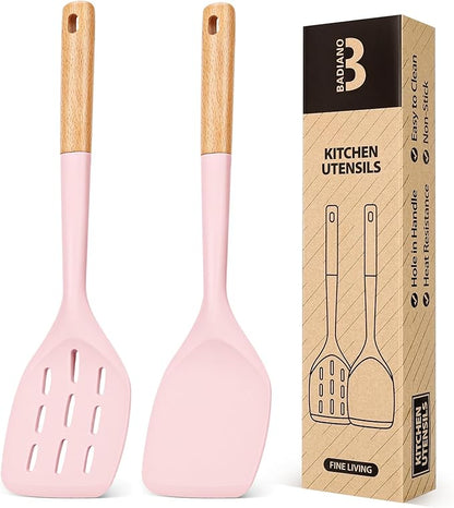 Pack of 2 Silicone Spatula, Non Stick Cooking Utensil Set Wooden Handle Kitchen Turner for Baking Mixing Grilling Serving Food Heat Resistant Non Scratch Hooks Included (Pink) by BADIANO