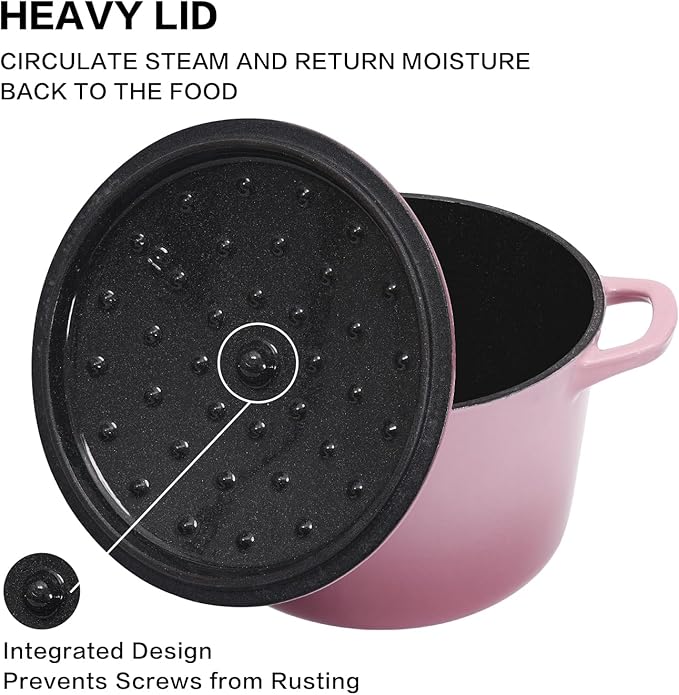 Flavehc Dutch Oven Pot with Lid 2.8 qt Cast Iron Dutch Oven for Bread Baking Pink Enameled Cast Iron Rice Pot with Handels - Image 3