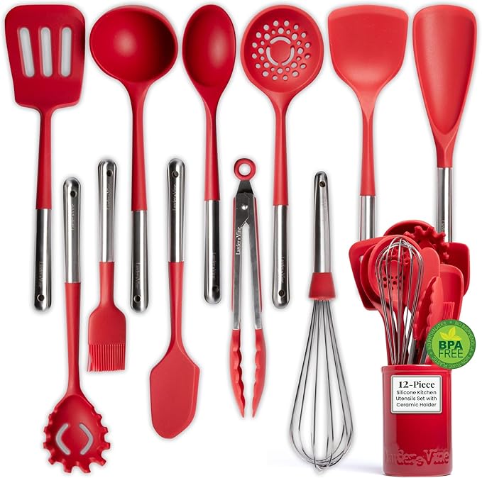 Larder & Vine 12-Piece Silicone Kitchen Cooking Utensils Set with Stainless Steel Handle and Ceramic Holder, Dishwasher Safe Set of Kitchen Essentials (Cabernet) by LarderVine
