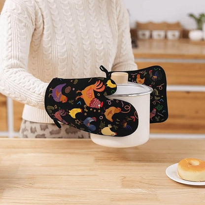 Chicken Silicone Oven Mitts Pan Mats Set of 2, Heat Resistant Gloves Potholder with Non-Slip Grips Hanging Loops Pot Holder, Spring Summer for Chef Cooking, Baking, Grilling, BBQ
