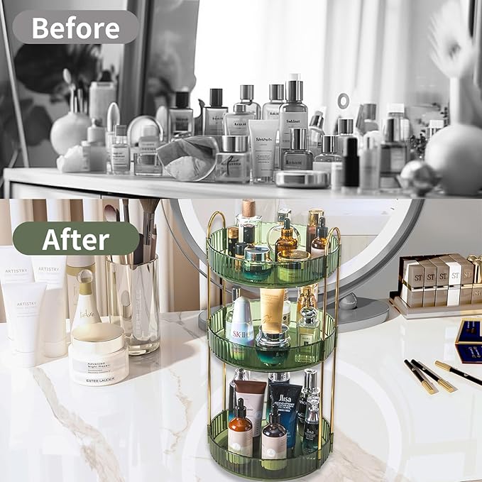 Asayuee 360 Rotating Perfume Organizer,3 Tier Large Capacity Make Up Organizers and Storage,Makeup Organizer for Bathroom,Cosmetic Perfume Stand Holder (Green-3 Tier) - Image 4