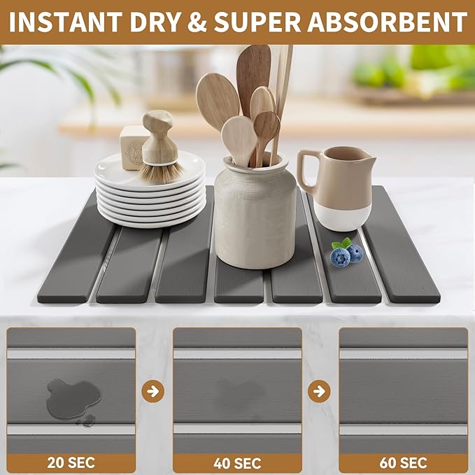 Stone Dish Drying Mat for Kitchen Counter,15.5''x11.8'' Foldable Quick Dry Stone Kitchen Mat,Eco-Friendly,Absorbent Diatomaceous Earth Mats for Dishes Bottles Cups Bathroom Any Countertop-Dark Gray - Image 3