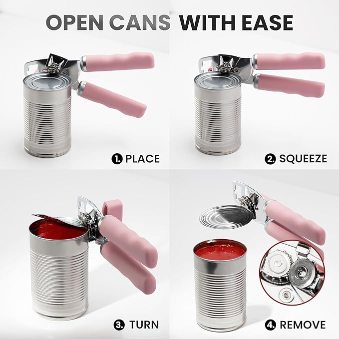 Zulay Kitchen Heavy Duty Stainless Steel Can Opener Manual with Bottle Opener - Rust Proof Manual Can Opener With Turn Knob & Comfy Soft Grip Handles - Light Pink - Image 6