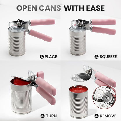 Zulay Kitchen Heavy Duty Stainless Steel Can Opener Manual with Bottle Opener - Rust Proof Manual Can Opener With Turn Knob & Comfy Soft Grip Handles - Light Pink - Image 6