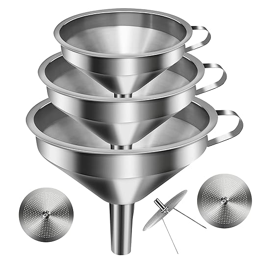 Stainless Steel Funnels for Kitchen Use, Kitchen Metal Funnel Set with Strainer Stainless Steel Funnels for Filling Bottles, Food Grade Funnel Set of 3 Transfer for Liquids Spices by Yokudo