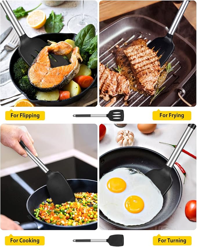Pack of 2 Silicone Solid Turner, Non Stick Slotted Kitchen Spatulas, High Heat Resistant BPA Free Cooking Utensils, Ideal Cookware for Fish, Eggs, Pancakes(Black) - Image 3