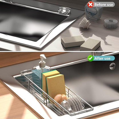 Sink Caddy Sponge Holder Kitchen Sink Organizer, Telescopic sink organizer rack for kitchen Expandable 13.4" to 17.1", Stainless Steel