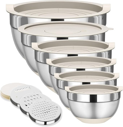 Fyrnova Mixing Bowls with Lids Set, 6 Piece Stainless Steel Nesting Storage Bowls for Kitchen, with 3 Grater Attachments & Non-Slip Bottoms, Size 5.5,3.5,2.5,2.1,1.5,1.1 QT by Fyrnova