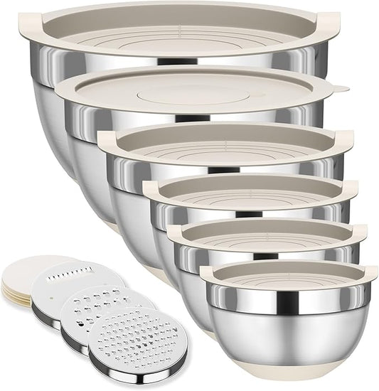 Fyrnova Mixing Bowls with Lids Set, 6 Piece Stainless Steel Nesting Storage Bowls for Kitchen, with 3 Grater Attachments & Non-Slip Bottoms, Size 5.5,3.5,2.5,2.1,1.5,1.1 QT by Fyrnova
