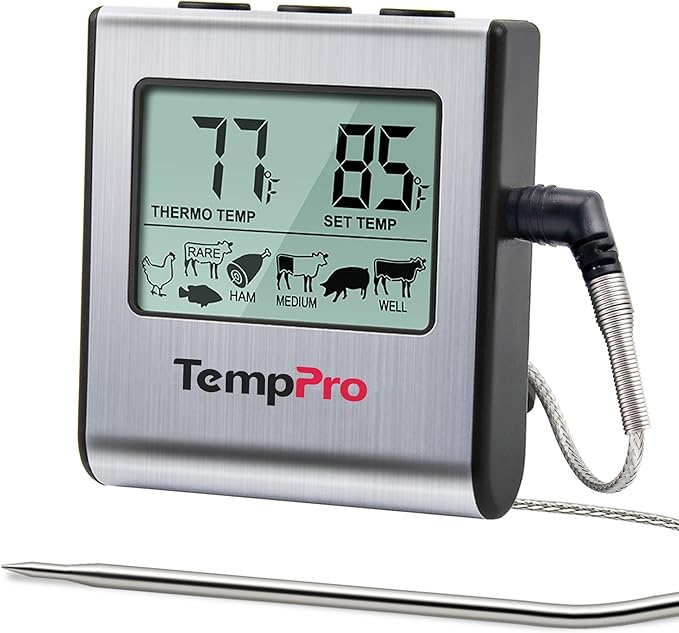 TempPro TP16 Large LCD Digital Cooking Food Meat Thermometer for Smoker Oven Kitchen BBQ Grill Thermometer Clock Timer with Stainless Steel Temperature Probe(Previously ThermoPro) by TempPro