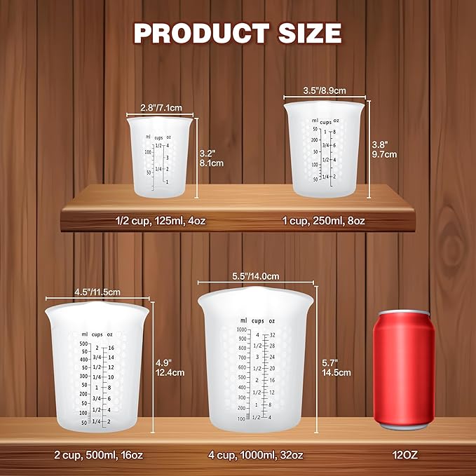 Silicone Measuring Cups 4-Pack Set, (1/2, 1, 2, 4 Cup) Reusable Silicone Cup for Prepping Cooking Baking Supplies, Melting Butter Chocolate 125ml 250ml 500ml 1000ml Dishwasher Microwave Safe