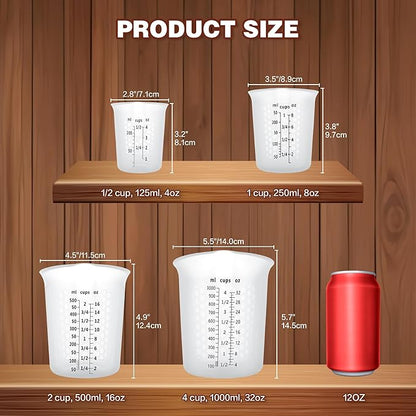 Silicone Measuring Cups 4-Pack Set, (1/2, 1, 2, 4 Cup) Reusable Silicone Cup for Prepping Cooking Baking Supplies, Melting Butter Chocolate 125ml 250ml 500ml 1000ml Dishwasher Microwave Safe