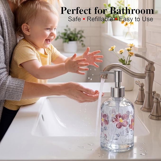 17oz Glass Soap Dispenser with Plastic Pump for Kitchen and Bathroom, Refillable Liquid Clear Bottle for Dish Soap & Hand Soap(Flower)