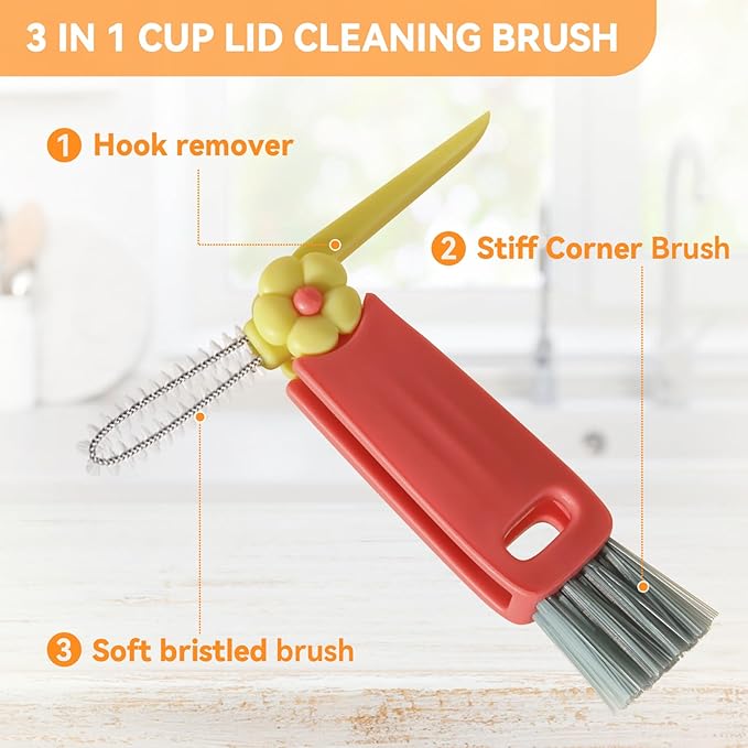 3 in 1 Cup Lid Gap Cleaning Brush Set, Multifunctional Bottle Clean-ing Brush, Cup Lid Gap Cleaner, Home Kitchen Crevice Cleaning Brush Tools (Red) - Image 3