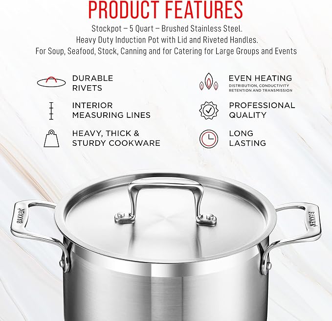 Stainless Steel Stockpot with Lid 5 Quart, Durable 18/8 Stainless Steel, Impact-Bonded Base for Even Heating, Riveted Handles, Oven & All Stove Compatible, Safe Up To 500°F (260°C) - Image 7