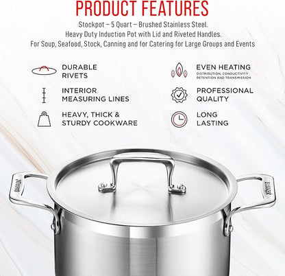 Stainless Steel Stockpot with Lid 5 Quart, Durable 18/8 Stainless Steel, Impact-Bonded Base for Even Heating, Riveted Handles, Oven & All Stove Compatible, Safe Up To 500°F (260°C) - Image 7