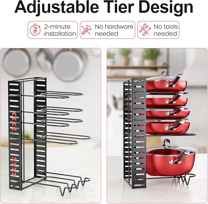 MUDEELA 8-Tier Pots and Pans Organizer under Cabinet, 16.61" Height Light Duty Pot and Pan Organizer Kitchen Cabinet Organization and Storage, Adjustable Pot Rack with 3 DIY Methods for Lids, Bakeware - Image 5