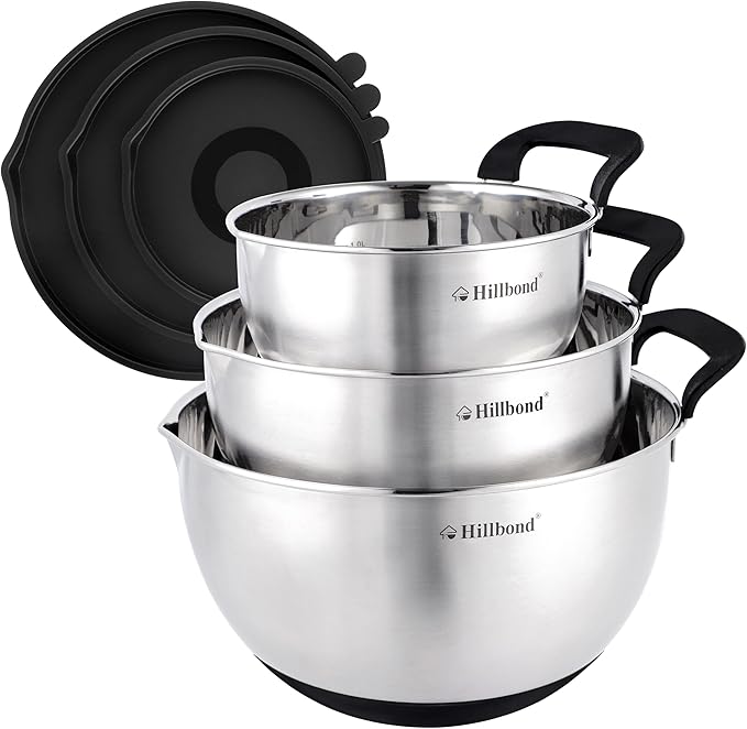 Hillbond Stainless Steel Bowls with Lids Set Mixing Bowls with Pour Spout, Silicone Handle and Non-Slip Bottoms for Baking, Metal Bowls Mixing Dishwasher Safe, Set of 3, Mother’s Day Gift (Black)