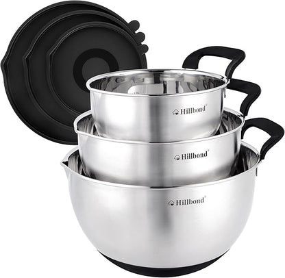 Hillbond Stainless Steel Bowls with Lids Set Mixing Bowls with Pour Spout, Silicone Handle and Non-Slip Bottoms for Baking, Metal Bowls Mixing Dishwasher Safe, Set of 3, Mother’s Day Gift (Black)