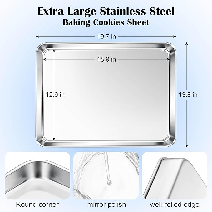 E-far Large Baking Sheet, 20”x14” Stainless Steel Cookie Sheet Pan for Oven, Non Toxic Metal Baking Tray for Cake Cookies, Healthy & Rust Free, Mirror Finish & Dishwasher Safe, 1 Pack - Image 2