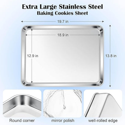 E-far Large Baking Sheet, 20”x14” Stainless Steel Cookie Sheet Pan for Oven, Non Toxic Metal Baking Tray for Cake Cookies, Healthy & Rust Free, Mirror Finish & Dishwasher Safe, 1 Pack - Image 2