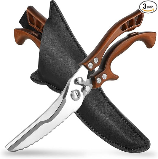 ANDONG Kitchen Scissors, Heavy Duty Professional Poultry Shears, Stainless Steel Spring Loaded, Dishwasher Safe, with Black Leather Sheath
