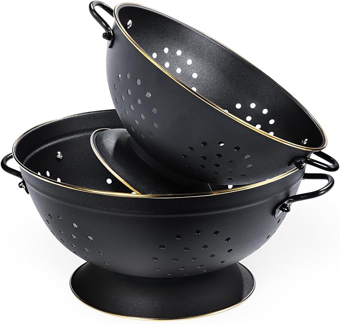 Metal Colander Set of 2, Strainer Basket with Handles perfect for Spaghetti, Pasta, Berry, Vegetable, Fruit, Solid Base Powder Coated Self-draining Kitchen Colander Bowel, 3.5 & 5 Qt, Matte Black by Unknown