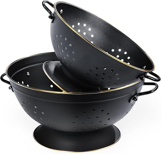 Metal Colander Set of 2, Strainer Basket with Handles perfect for Spaghetti, Pasta, Berry, Vegetable, Fruit, Solid Base Powder Coated Self-draining Kitchen Colander Bowel, 3.5 & 5 Qt, Matte Black by Unknown