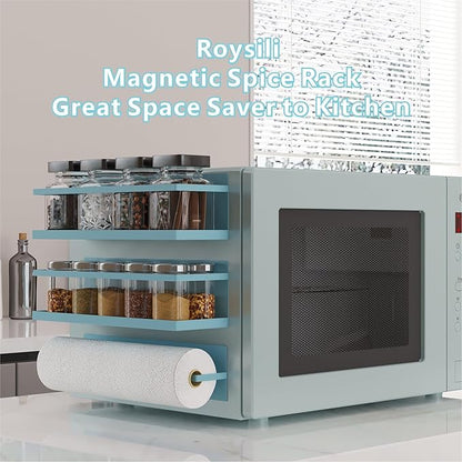 Magnetic Spice Rack For Refrigerator, Space Saving Magnetic Shelf For Fridge Blue 4 Pack With Magnetic Paper Towel Holder - Image 5