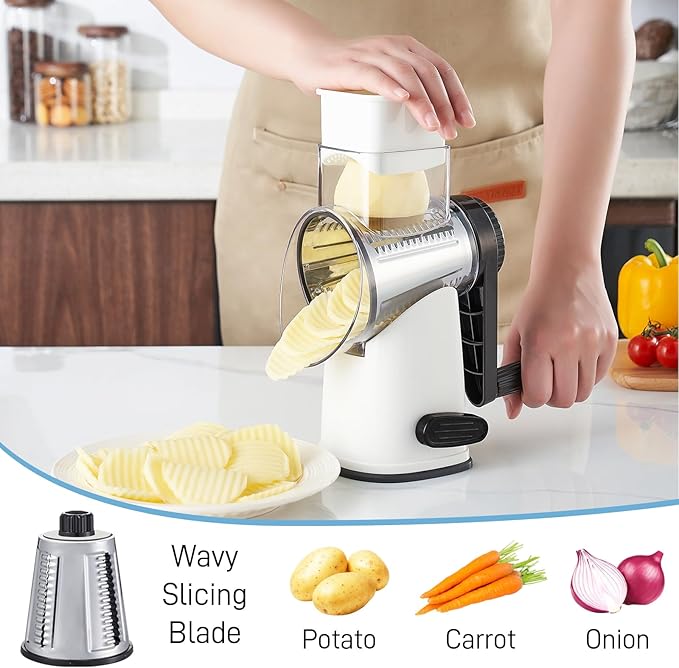VEKAYA Rotary Cheese Grater Hand Crank with 4 Interchangeable Stainless Steel Blades, Large Manual Handle Shredder and Waffle Slicer for Vegetables, Cheese and Nuts with Table Suction Base(White)
