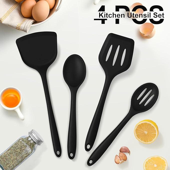 P&P CHEF Kitchen Utensil Set, 4 Pieces Non-stick Silicone Cooking Utensils, Heat-resistant Slotted Solid Spoon Turner for Frying, Mixing, Serving, Non-toxic & Easy to Clean, Black - Image 6