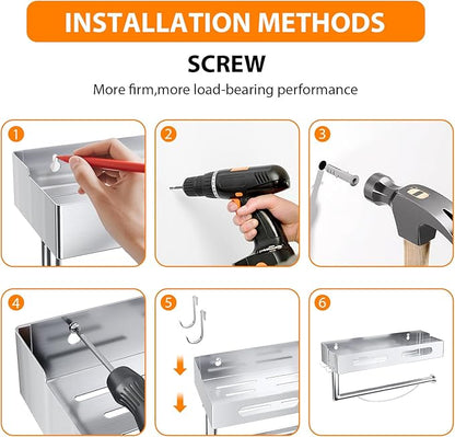 Paper Towel Holder Wall Mount for Bathroom, Paper Towel Holder with Shelf for Kitchen, RV Paper Towel Rack Stainless Steel, Silver