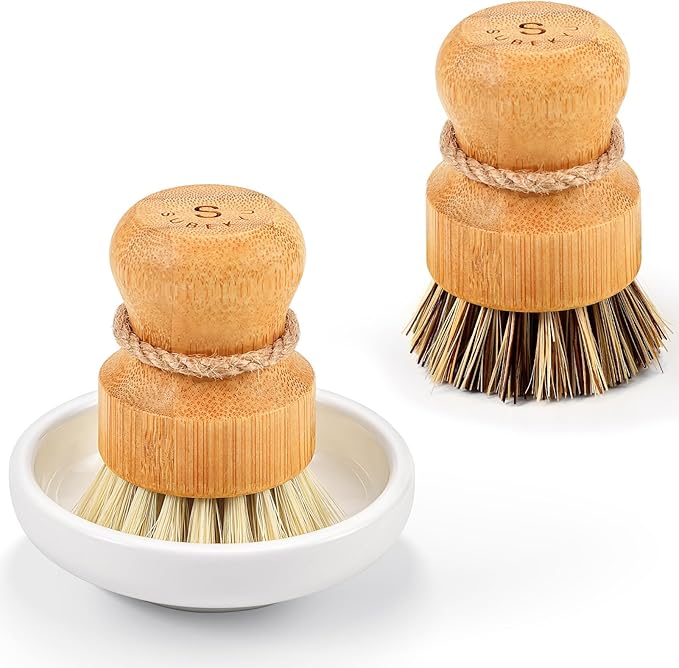 SUBEKYU Bamboo Dish Scrub Brushes, Kitchen Wooden Cleaning Scrubbers Set for Washing Cast Iron Pans/Pots, Set of 2 by SUBEKYU