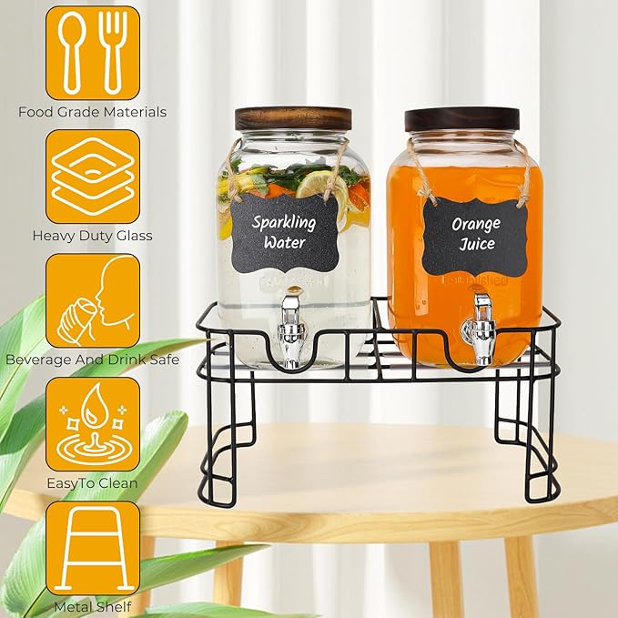 Glass Drink Dispensers For Parties, 2 PACK 1 Gallon Beverage Dispenser With Wooden Lids, Metal Stand And Spigot 100% Leak proof. Lemonade Dispenser With Chalk board - Image 3