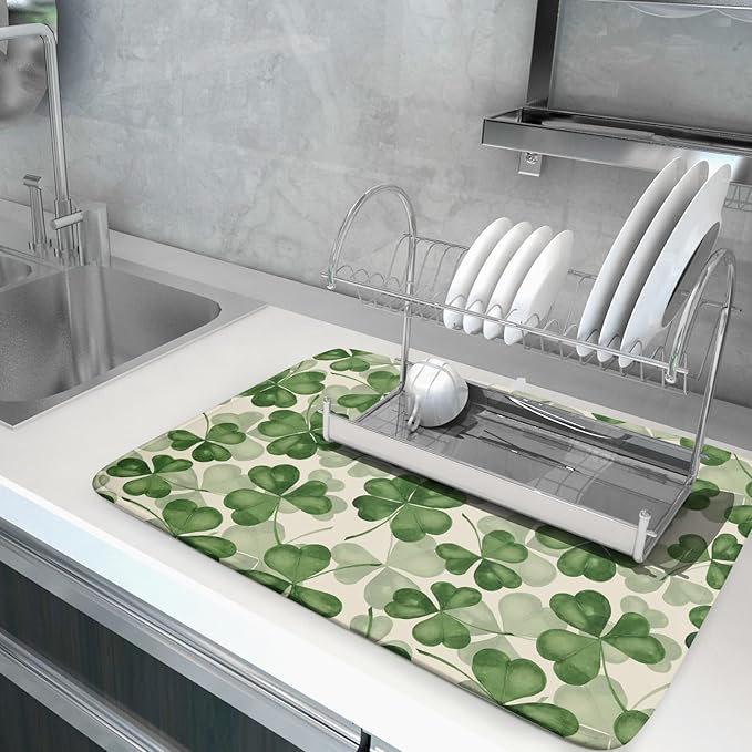 St Patrick's Day Dish Drying Mat for Kitchen Counter 18x24 Saint Patricks Clover Shamrock Green Print Absorbent Reversible Microfiber Drying Mats Kitchen Countertop Protector Dishes Drainer Rack Pad - Image 5