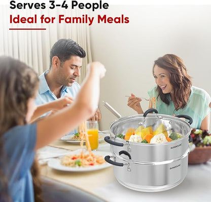 SUNHOUSE - 5.5 Quart Steamer Pots With Lid 2-Tier Multipurpose Stainless Steel Steaming Pot Cookware With Handle For Vegetable, Dumpling, Sauce, Food - Triple Bottom, Measurement Line - Image 7