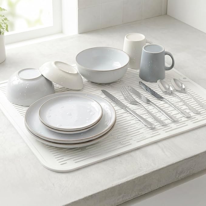 MicoYang Silicone Dish Drying Mat for Multiple Usage,Easy clean,Eco-friendly,Heat-resistant Silicone Mat for Kitchen Counter or Sink,Refrigerator or Drawer Liner White XL 18 inches x 16 inches - Image 6