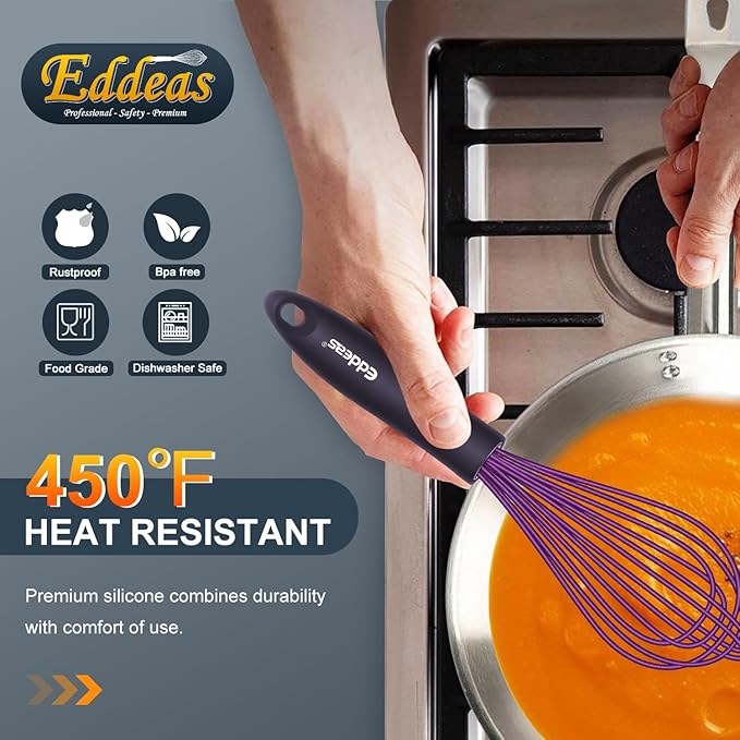Silicone Whisk, Eddeas Whisk Non-Scratch Coated Whisks set of 3-Heat Resistant(450°F) Kitchen Wisk, Balloon Egg whisk Perfect for Blending, Whisking, Beating & Stirring, Purple - Image 4