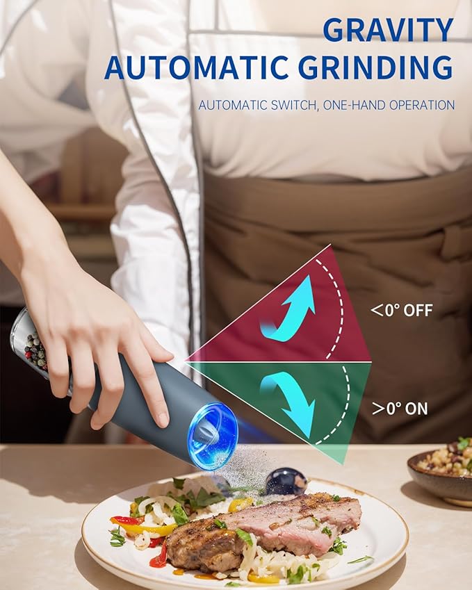 CIRCLE JOY Gravity Electric Salt and Pepper Grinder Set Automatic Salt and Pepper Grinder Set with LED Light, Battery Operated, Adjustable Coarseness, Large Capacity, for Home Kitchen BBQ, Blue - Image 2