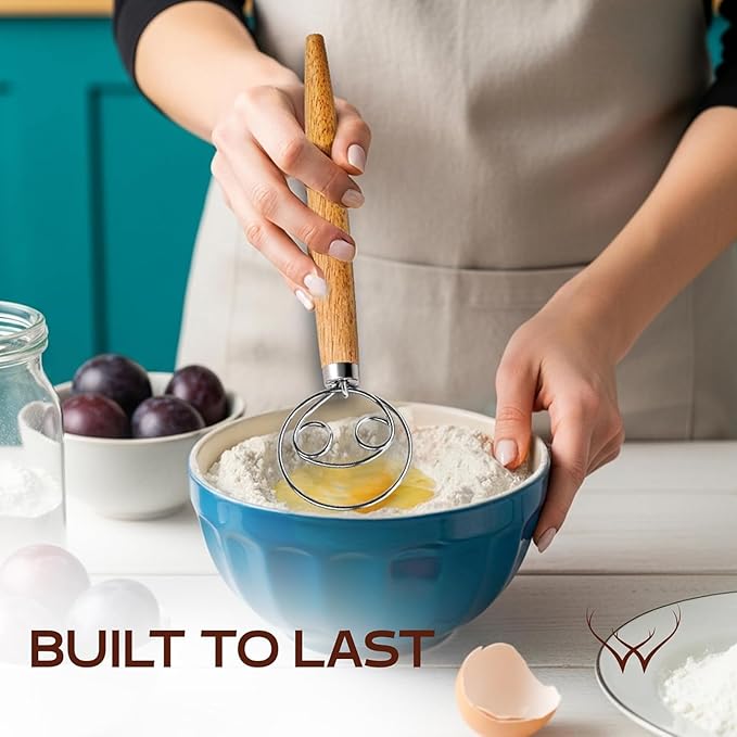 WOODLANDS USA Danish Dough Whisk for sourdough 13 Inch - 304 Stainless Steel Hook with Long Wooden Handle (Dough Whisk + Bread Lame)